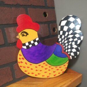 whimsical Rooster Figurine wood wall-hanging Multicolor & black white checkered